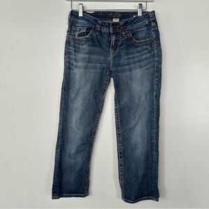 Silver Aiko Crop Capri Blue Denim Double Stitching Embroidered